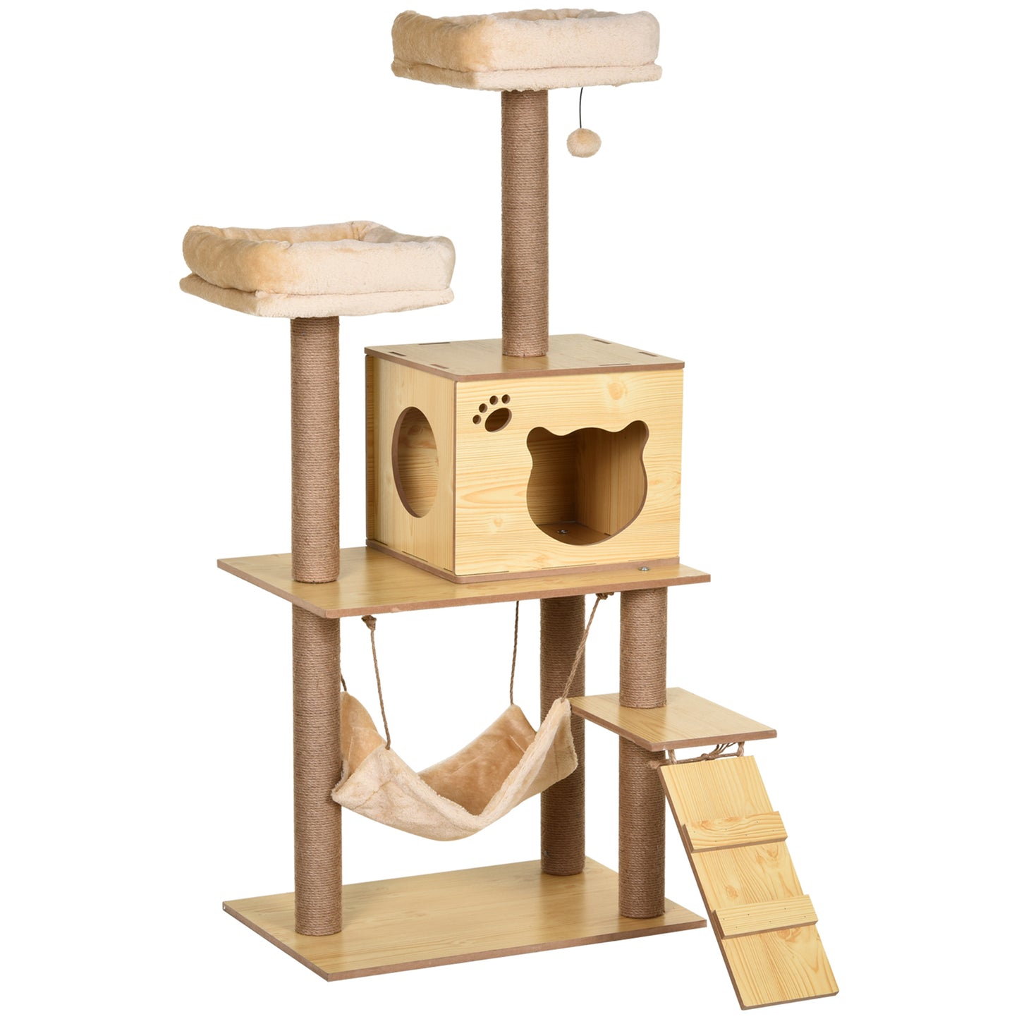 Photo of PawHut 130cm Cat Tree for Indoor Cats, Multi-Level Plush Cat Tower, with Five Scratching Posts, Two Perches, Cat House, Hammock in Hammock colour on a white background