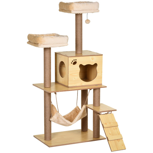 Photo of PawHut 130cm Cat Tree for Indoor Cats, Multi-Level Plush Cat Tower, with Five Scratching Posts, Two Perches, Cat House, Hammock in Hammock colour on a white background