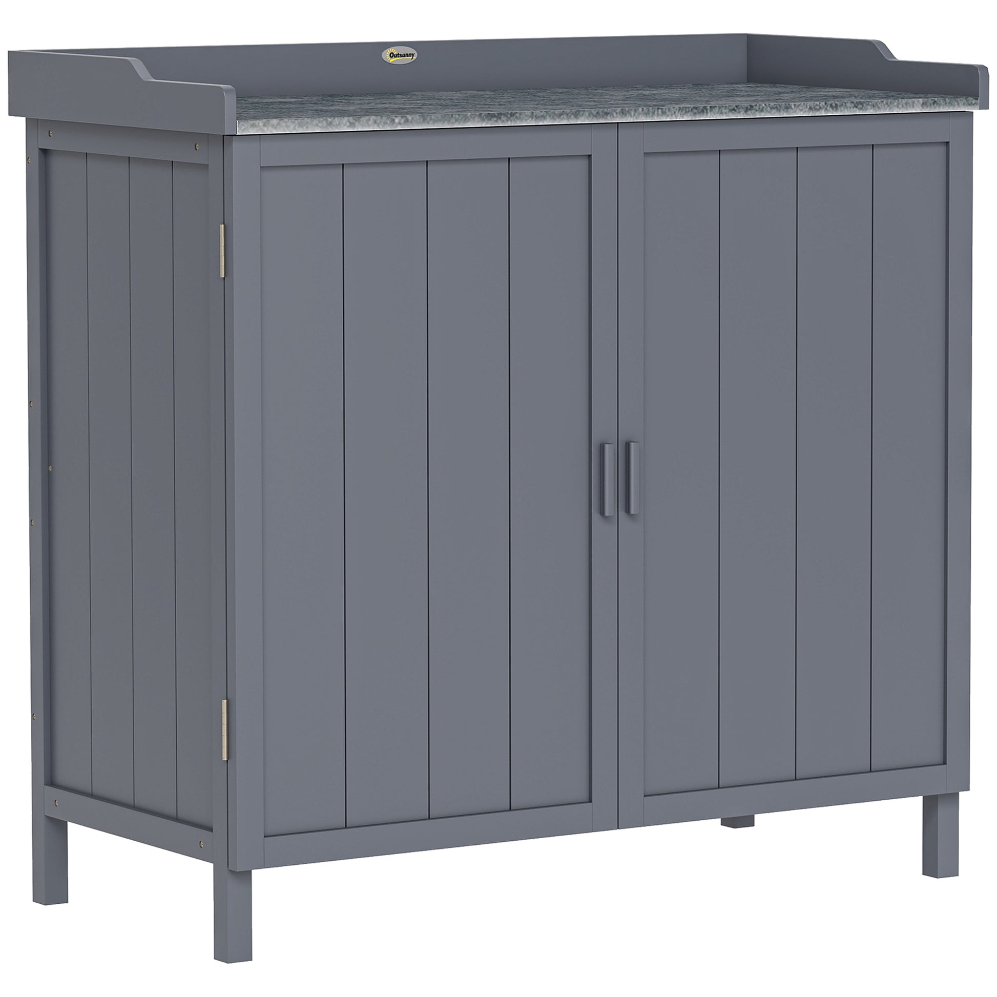 Photo of Outsunny Wood Garden Storage Cabinet, Outdoor Tool Shed, Potting Bench Table with galvanised Top and Two Shelves for garden Tools or Pool Accessories, Grey in Grey colour on a white background