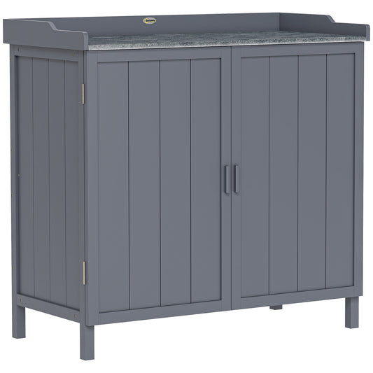 Photo of Outsunny Wood Garden Storage Cabinet, Outdoor Tool Shed, Potting Bench Table with galvanised Top and Two Shelves for garden Tools or Pool Accessories, Grey in Grey colour on a white background