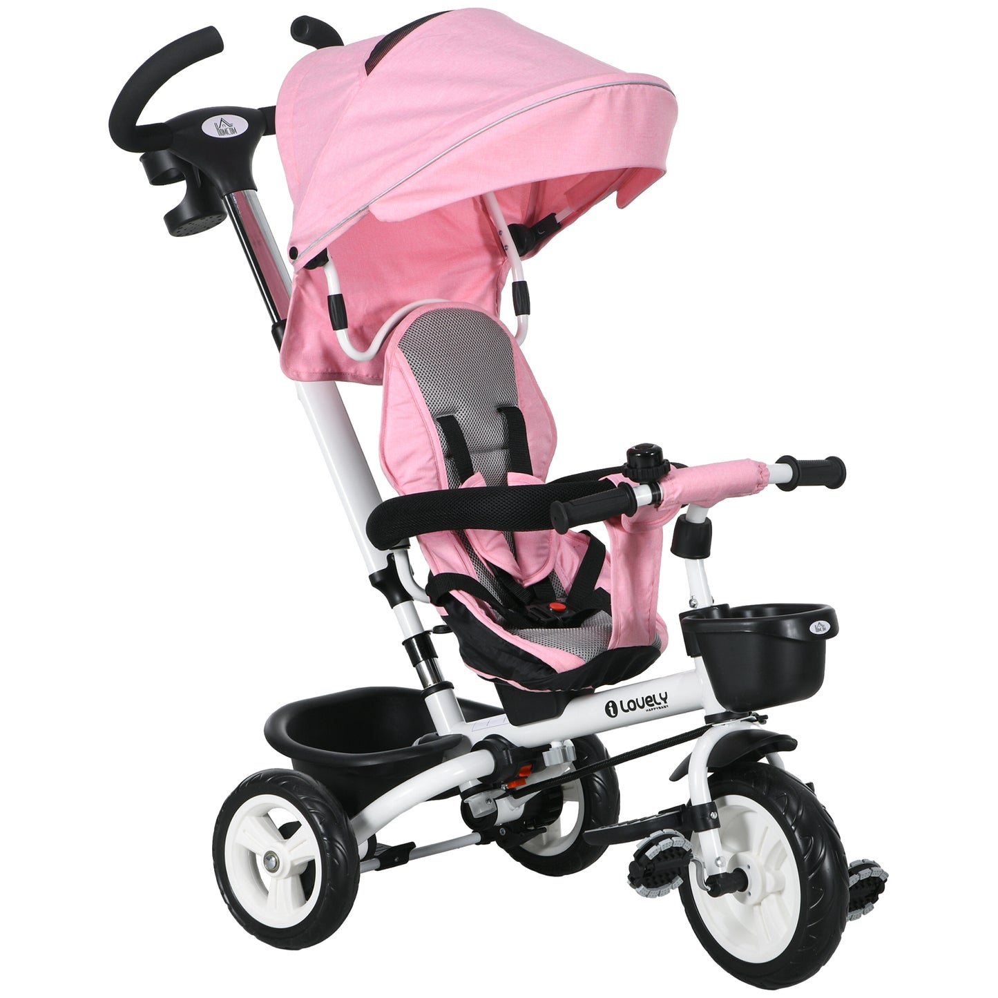 Photo of HOMCOM Metal Frame 6 in 1 Baby Push Tricycle with Parent Handle for 1-5 Years Old, Pink in Pink colour on a white background
