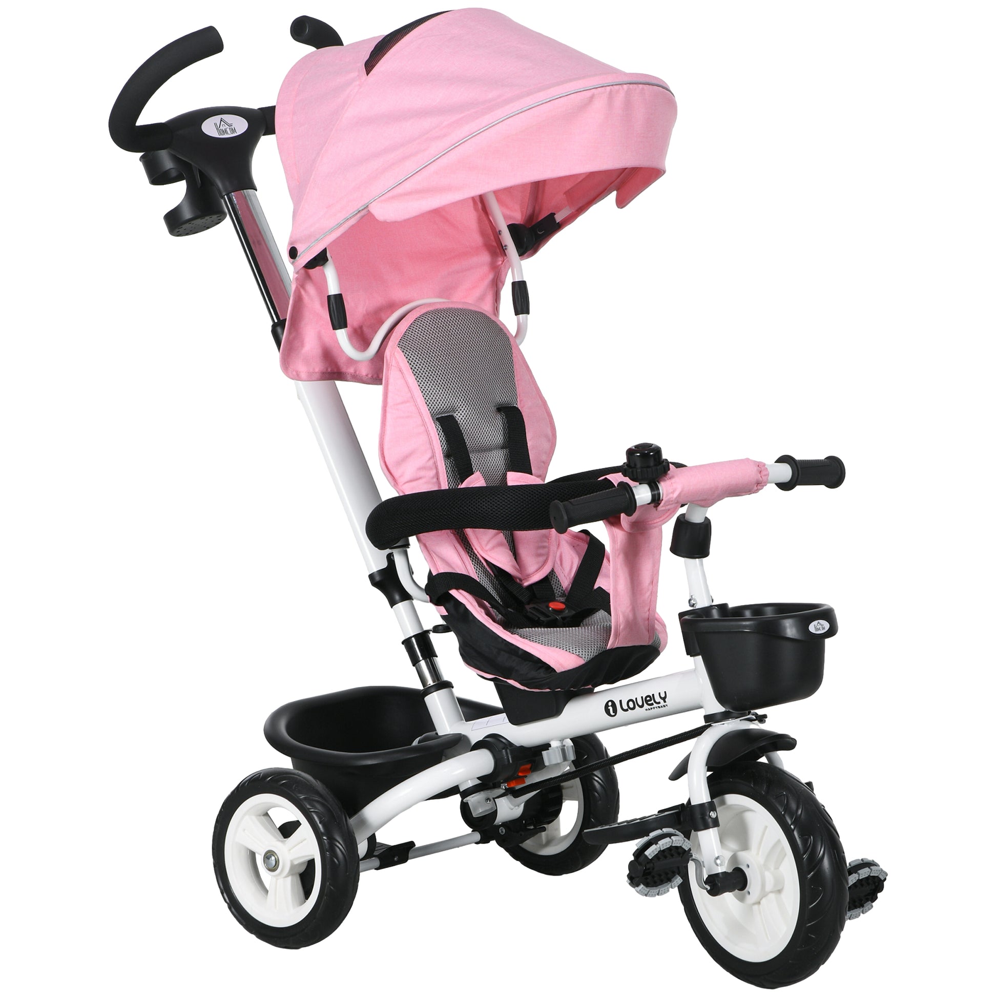 Photo of HOMCOM Metal Frame 6 in 1 Baby Push Tricycle with Parent Handle for 1-5 Years Old, Pink in Pink colour on a white background