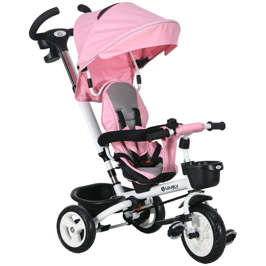 Photo of HOMCOM Metal Frame 6 in 1 Baby Push Tricycle with Parent Handle for 1-5 Years Old, Pink in Pink colour on a white background