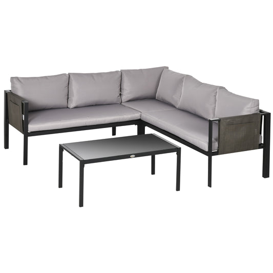 Photo of Outsunny 5 Seater Garden Corner Sofa Set, 4 Pieces Metal Garden Furniture Set with Loveseats, Glass Top Coffee Table, Breathable Mesh Pocket, Outdoor Conversation Furniture with Cushions, Light Grey in Grey colour on a white background
