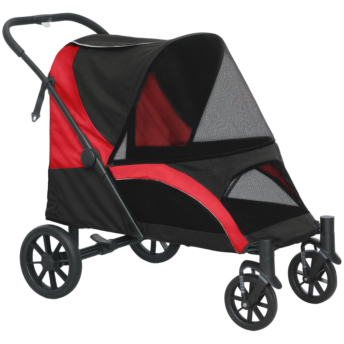 Photo of PawHut Foldable Pet Stroller for Large Dogs with Four Big Wheels, Shock-Absorbing Frame, Safety Leashes, Brakes, Red/Black in Red/Black colour on a white background