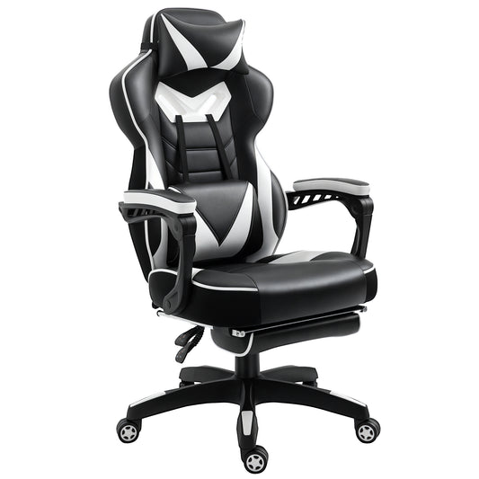 Photo of Vinsetto Computer Gaming Chair, Racing Desk Chair with Lumbar Support and Footrest, PU Leather Gamer Chair with Headrest and Swivel Wheels for Home, White in White colour on a white background