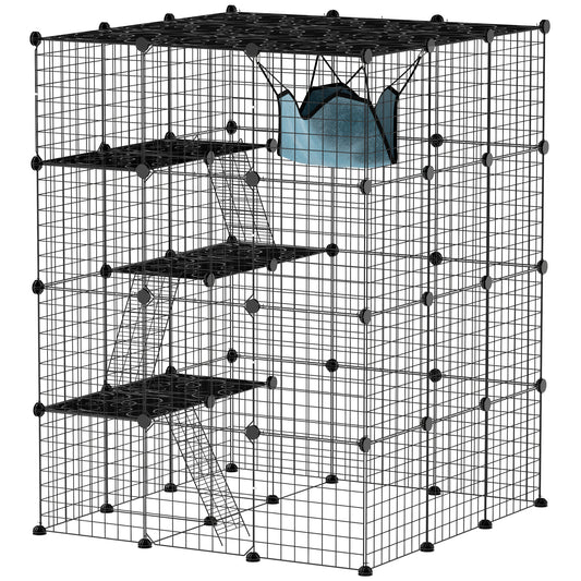 Photo of PawHut Steel Wire Cat Cage Indoor with Hammock, Ramps, Doors, DIY Cat Enclosure for 1-3 Cats, Black in Black colour on a white background