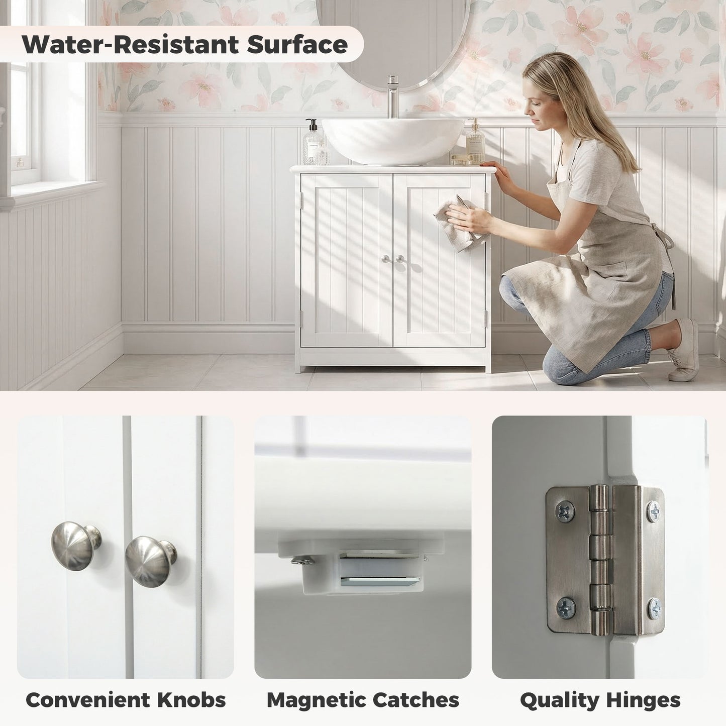 kleankin Under Sink Bathroom Cabinet, Freestanding Under Sink Cabinet with 2 Doors and Adjustable Shelf for Basin without or with Pedestal, White