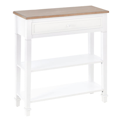 White console table with wood-look top, one drawer and two open shelves