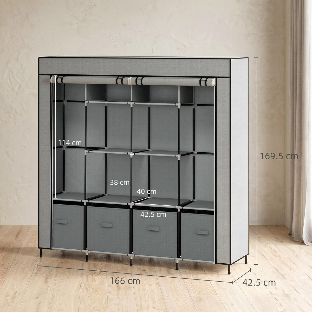 Dark gray fabric wardrobe with dimensions and open shelves, two hanging rails, and four drawers
