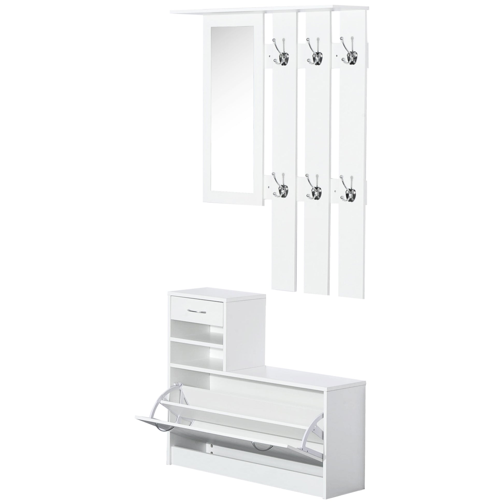 Photo of HOMCOM 2PC Shoes Storage Chest Cloths Rack Unit w/Mirror Multiple Shelves Large Storage Capacity Shoes Cabinet 6 Hooks Cloth Rack White in White colour on a white background