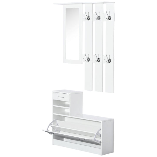Photo of HOMCOM 2PC Shoes Storage Chest Cloths Rack Unit w/Mirror Multiple Shelves Large Storage Capacity Shoes Cabinet 6 Hooks Cloth Rack White in White colour on a white background