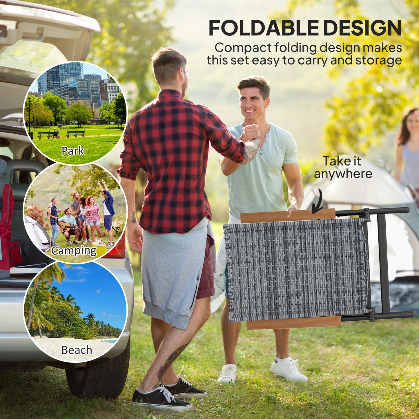 Outsunny Folding Rattan Garden Dining Chair with 5-level Reclining High Back, Wood Armrests for Outdoor, Patio - Light Grey