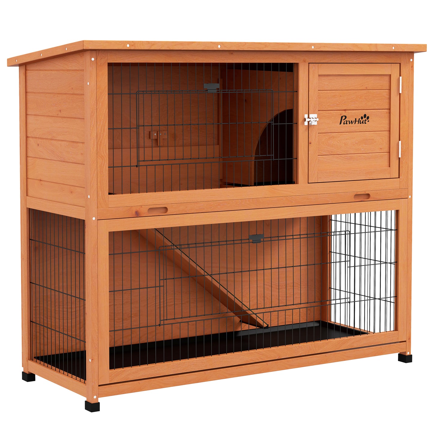 Photo of PawHut Two-Tier Antiseptic Wood Rabbit Hutch, 102cm Guinea Pig Hutch with Run - Orange in Orange colour on a white background