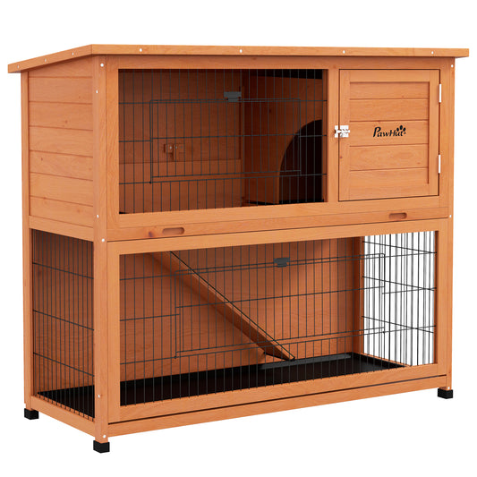 Photo of PawHut Two-Tier Antiseptic Wood Rabbit Hutch, 102cm Guinea Pig Hutch with Run - Orange in Orange colour on a white background