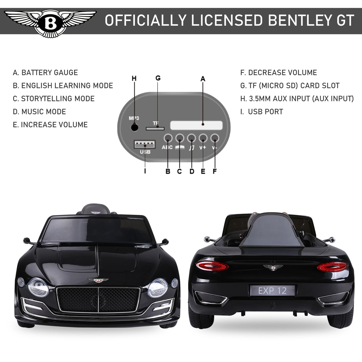Black HOMCOM Bentley GT ride-on car shown front and rear, with dashboard audio controls