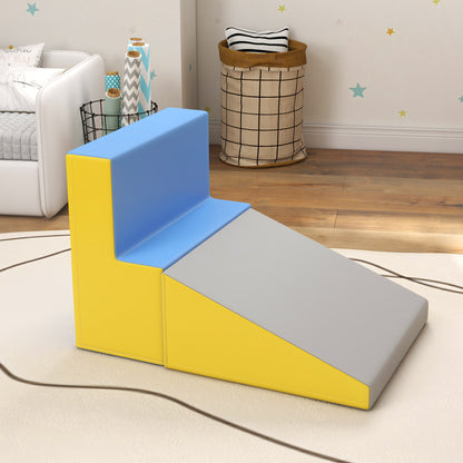 Toddler soft play set with a blue step and gray ramp, joined yellow side panels