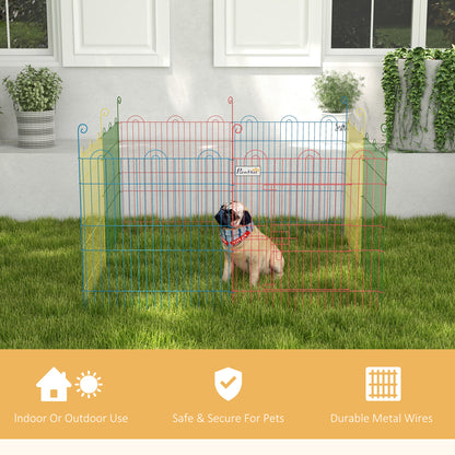 Multicolor metal pet playpen with a door, shown set up outdoors