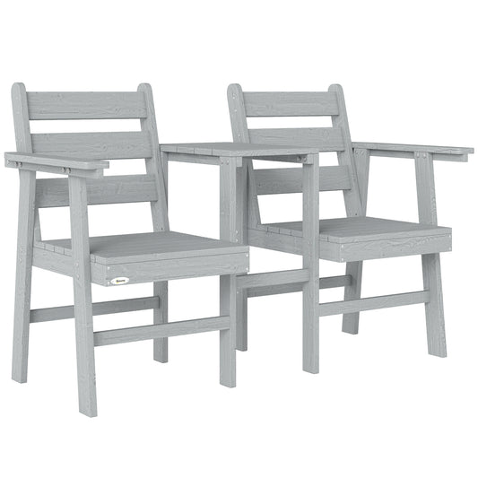 Photo of Outsunny Outdoor Garden Loveseat, Embossed Wooden Jack and Jill Garden Seat with Integrated Table, Grey in Grey colour on a white background