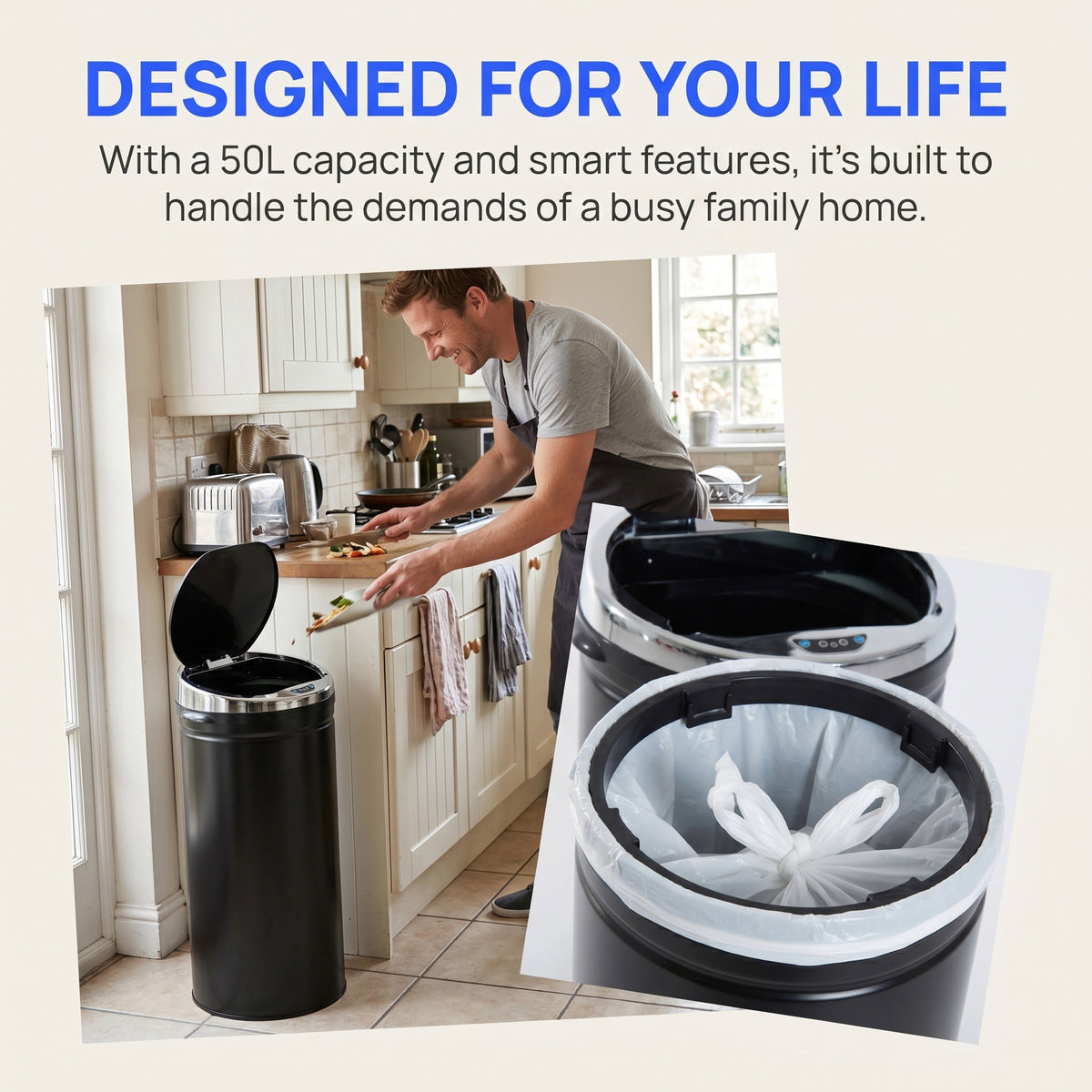 HOMCOM black sensor bin with open lid and removable inner bucket for a liner