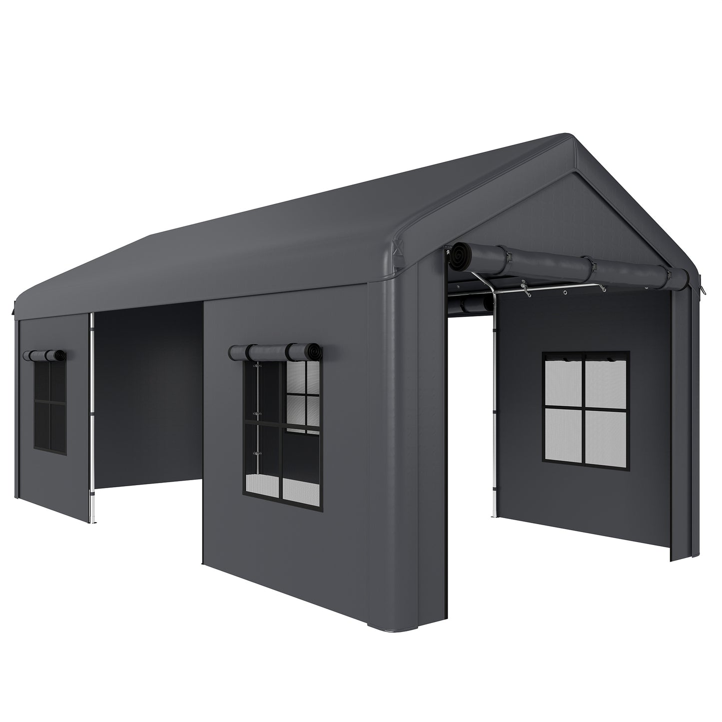 Photo of Outsunny 3 x 6 m Heavy Duty Carport, Portable Garage Car Canopy Tent with Galvanised Frame, Doors, Windows, Dark Grey in Grey colour on a white background