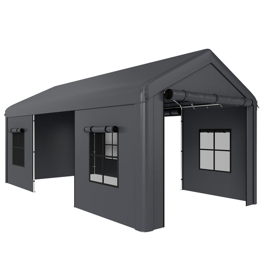 Photo of Outsunny 3 x 6 m Heavy Duty Carport, Portable Garage Car Canopy Tent with Galvanised Frame, Doors, Windows, Dark Grey in Grey colour on a white background