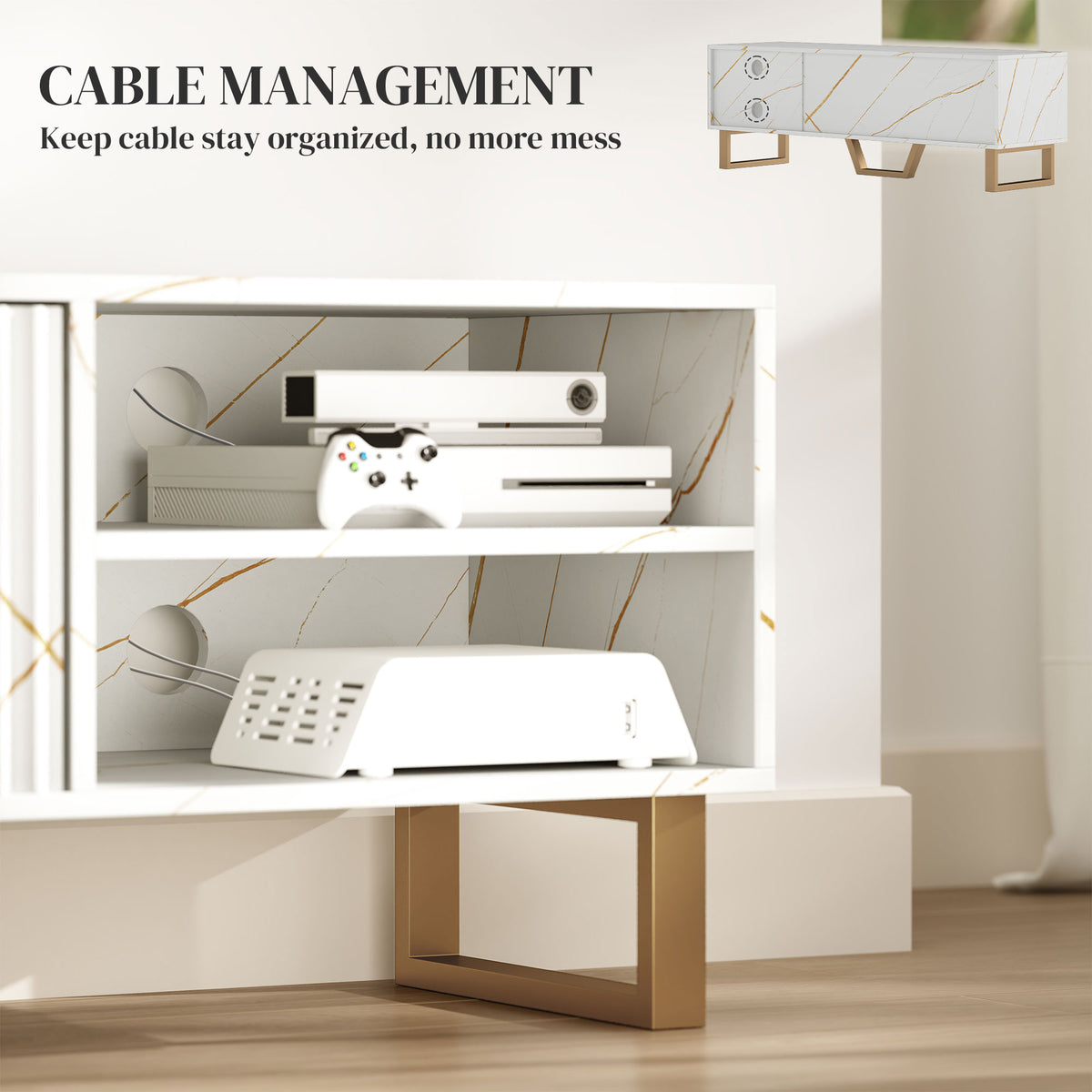 TV stand open shelf with cable access, holding game consoles and a controller