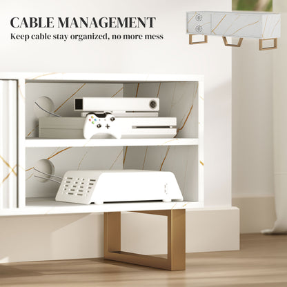 TV stand open shelf with cable access, holding game consoles and a controller