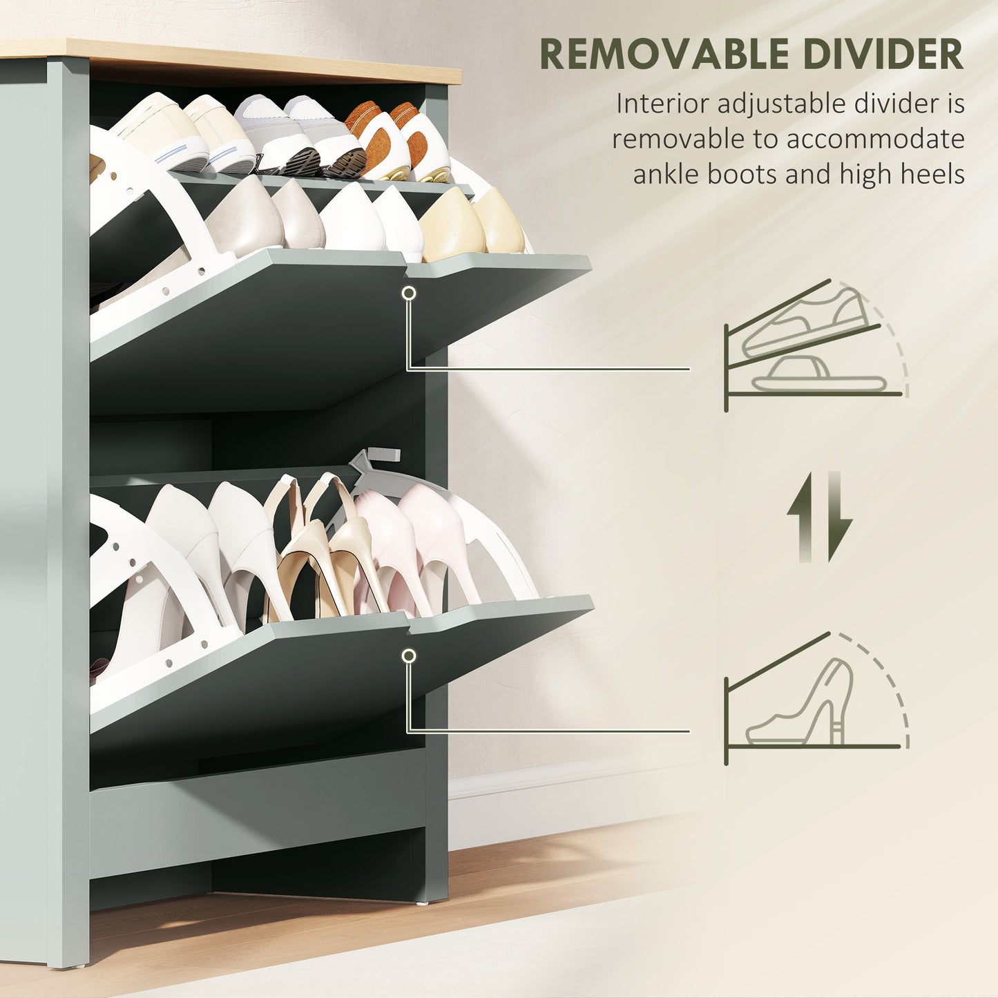HOMCOM Slim Shoe Cabinet, Narrow Shoe Cupboard with 2 Flip Drawers, Adjustable Shelves for 12 Pairs of Shoes, Light Grey