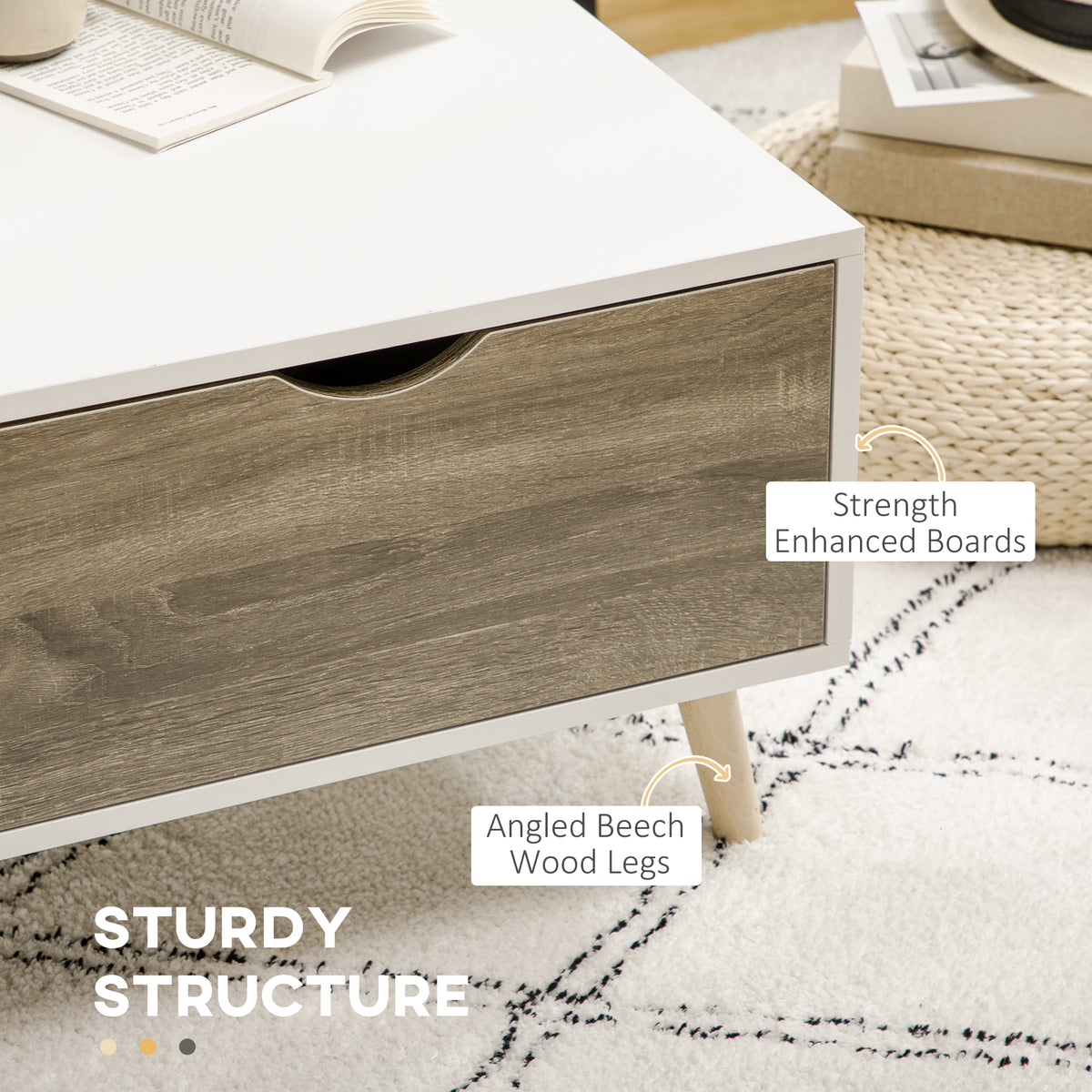 Coffee table with a wood-grain drawer front and angled beech legs