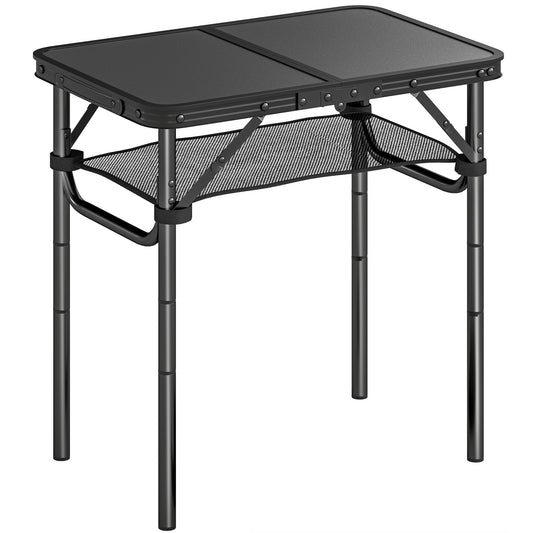 Photo of Outsunny 2ft Folding Camping Table, Picnic Table with Mesh Storage Layer, 4 Adjustable Heights and Carrying Handle, Black in Black colour on a white background