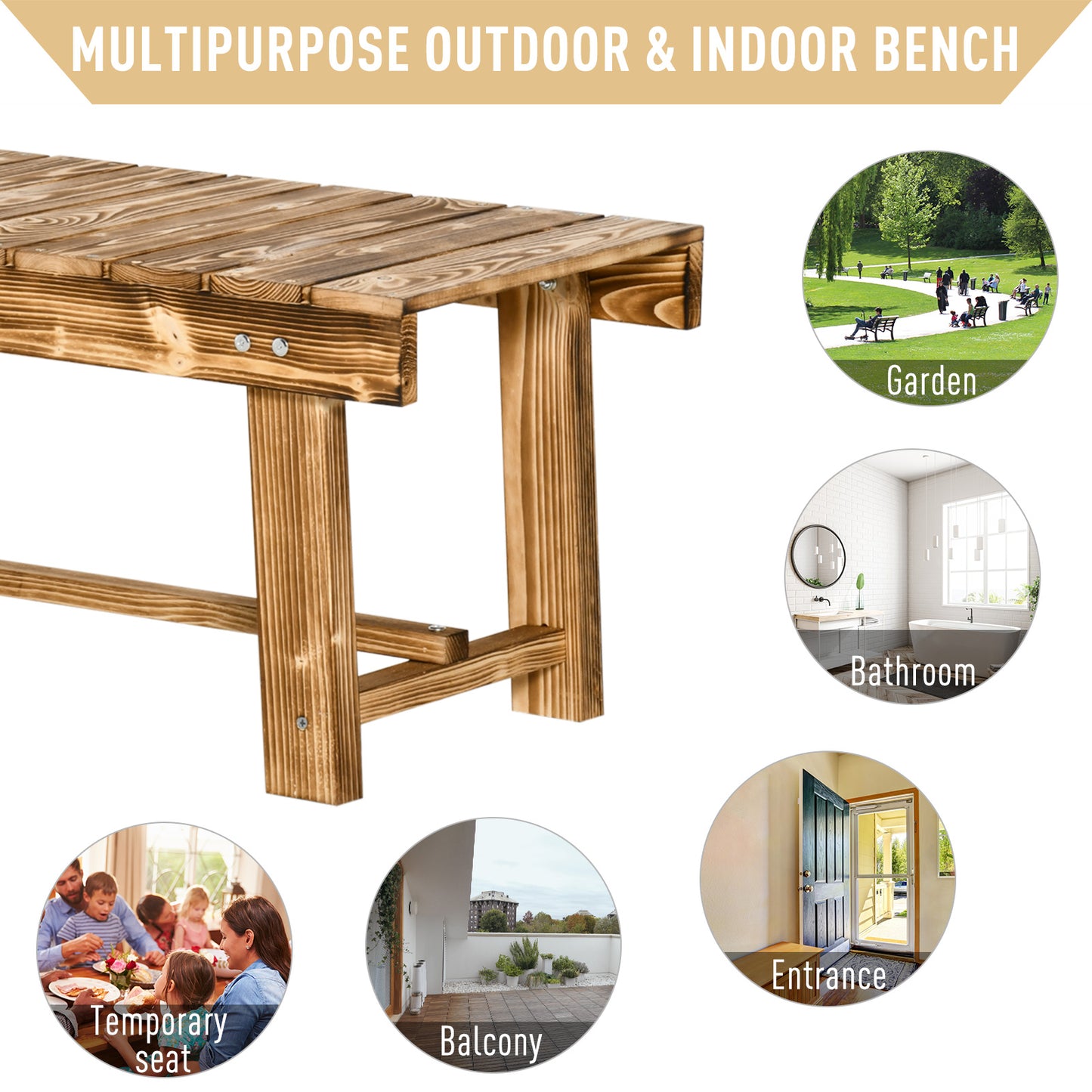 Outsunny Wooden Garden Benches, 2 Seater Outdoor Benches, Fir Wood Backless Patio Loveseat with Slatted Seat for Park, 110 x 38 x 35 cm, 5 Pieces, Carbonised