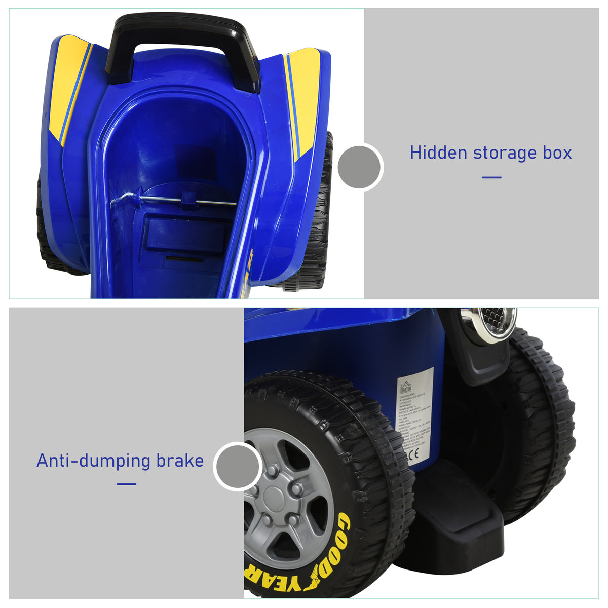 Ride-on quad storage compartment and rear anti-tip brake shown in close-ups