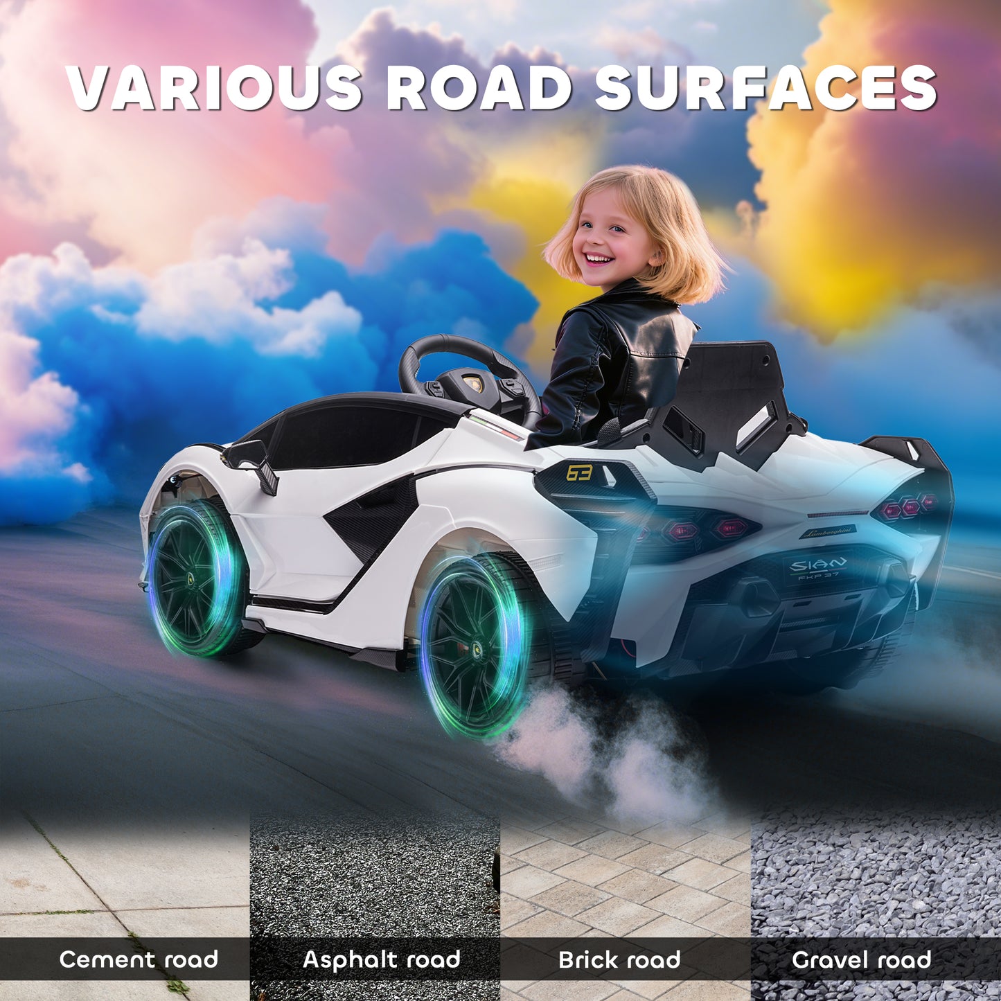 HOMCOM Lamborghini Sian Licensed 12V Electric Car for Kids 2 Motors Toy Car with Remote Control Music Lights MP3 for 3-5 Years White