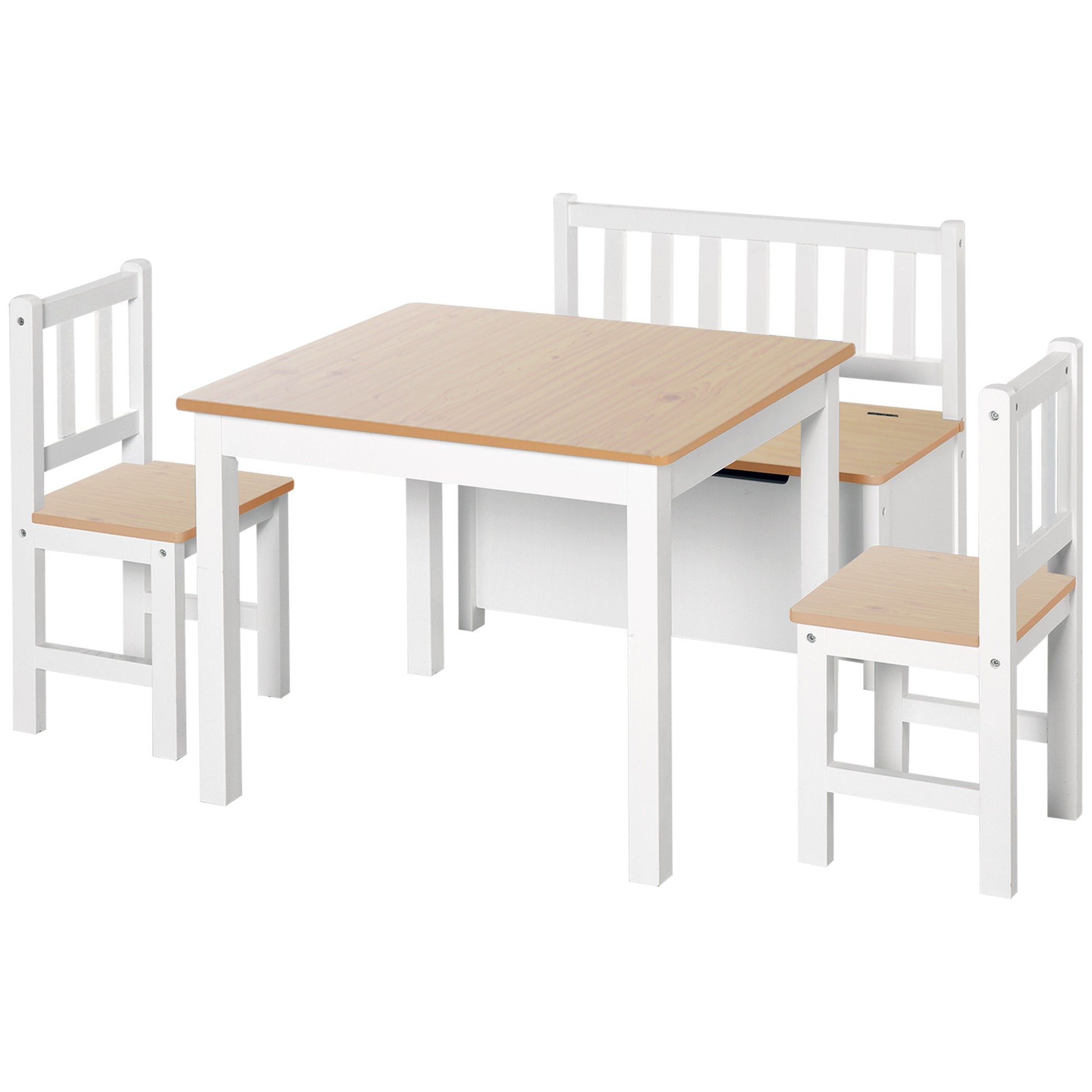 Photo of HOMCOM 4-Piece Kids Table and Chair Set with 2 Wooden Chairs, 1 Storage Bench, and Interesting Modern Design, Beige/White in Beige/White colour on a white background