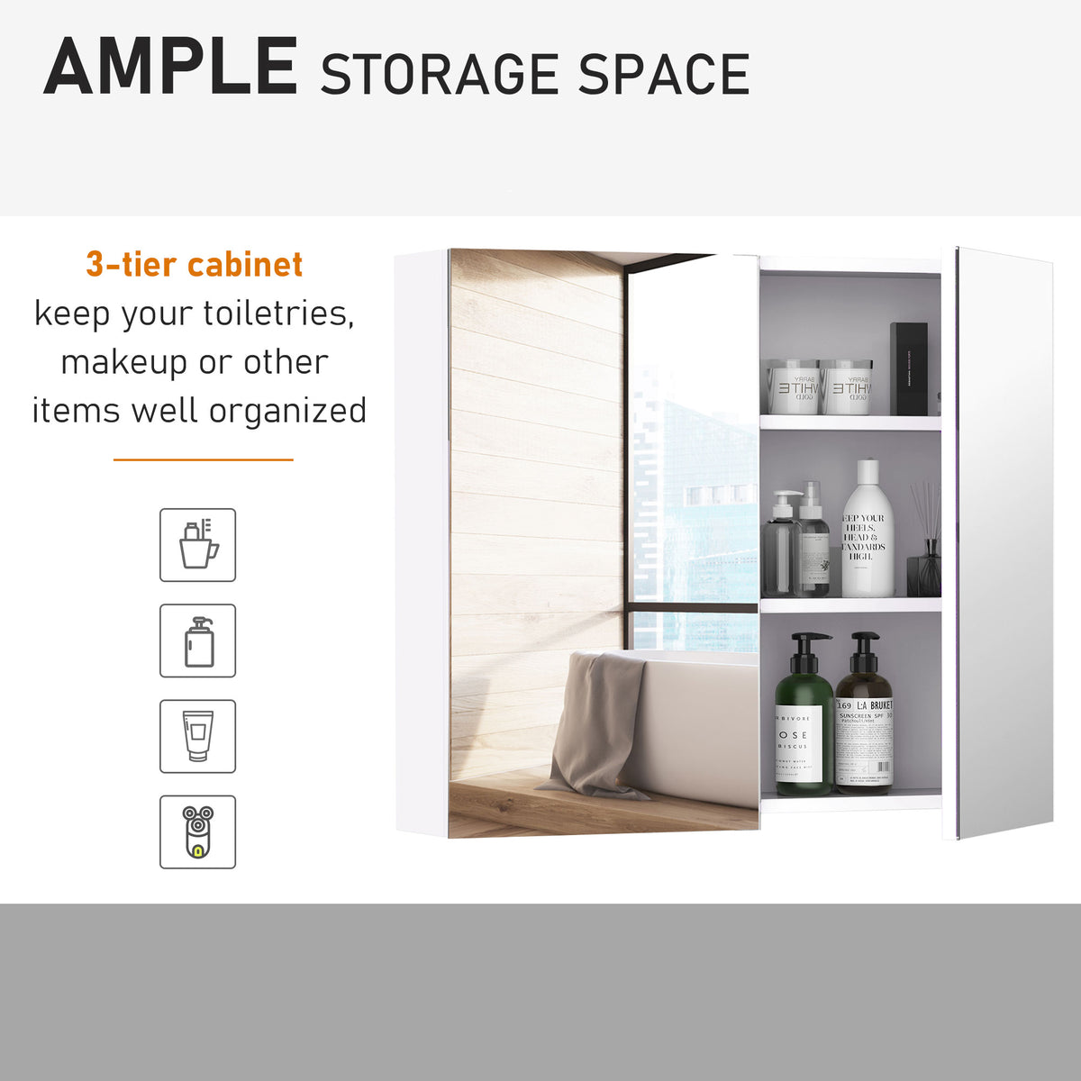 Open white mirrored bathroom cabinet with toiletries stored on three shelves