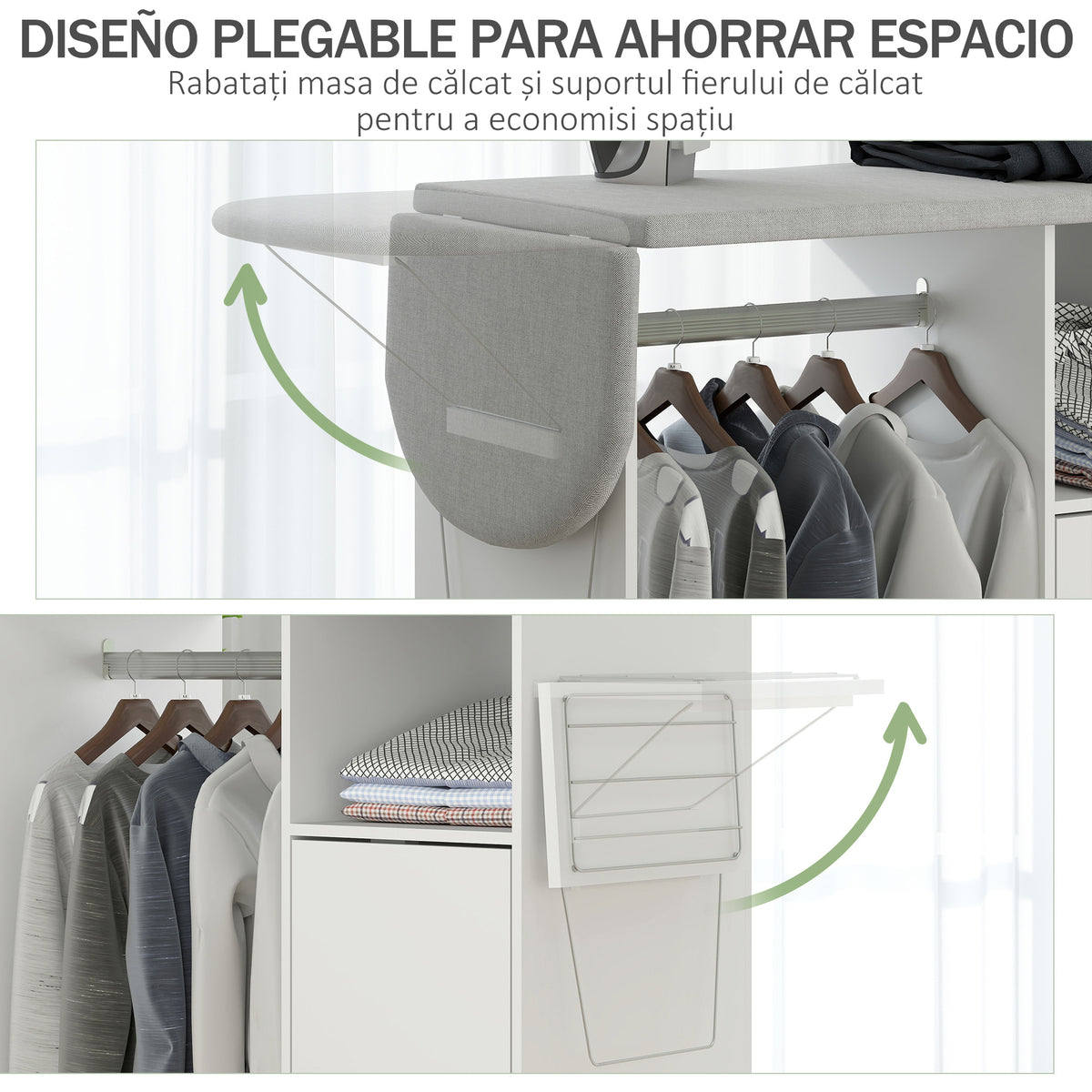 White rolling ironing cabinet with a foldable ironing board and hanging rail