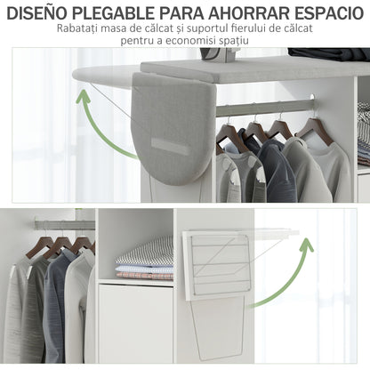 White rolling ironing cabinet with a foldable ironing board and hanging rail