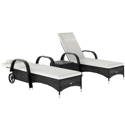 Photo of Outsunny 2 Seater Rattan Sun Lounger Set with Side Table Black in Black colour on a white background