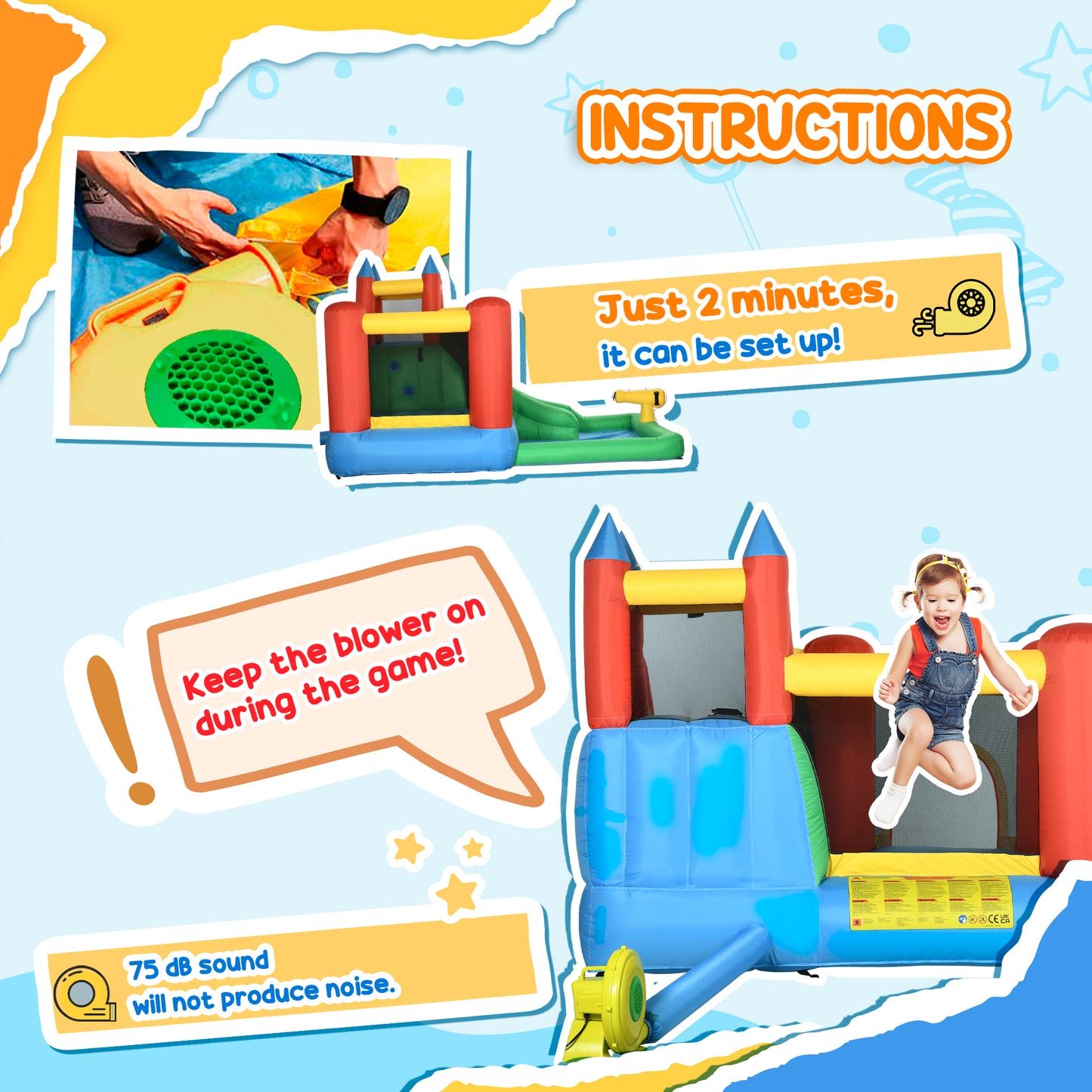 Outsunny Kids Inflatable Bouncy Castle Water Slide 5 in 1 Bounce House Jumping Castle Water Pool Gun Climbing Wall with Air Blower for Summer Playland