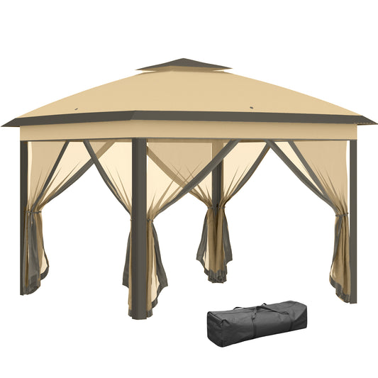 Photo of Outsunny 3.3 x 3.3m Pop Up Gazebo, Double Roof Foldable Canopy Tent with Zipped Mesh Sidewalls, Height Adjustable and Carrying Bag, Event Tent for Patio Garden, Beige in Beige colour on a white background