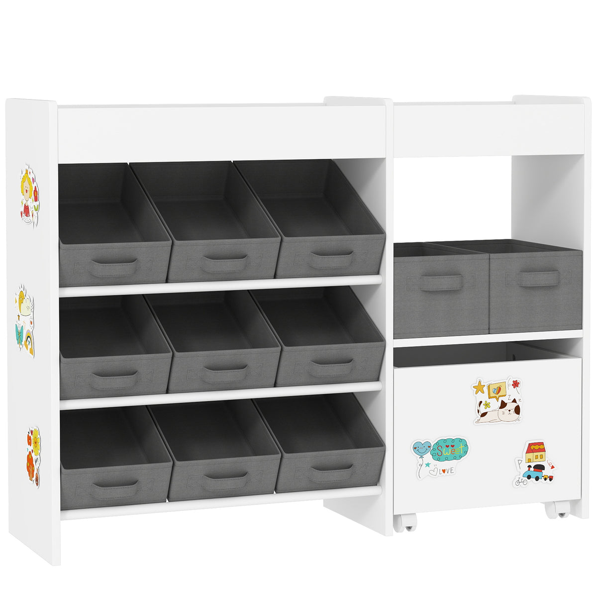 Photo of AIYAPLAY Kids Toy Storage Unit with 11 Bins, Cabinet, Top Shelves, 3 Stickers, for Nursery, Playroom, White in White colour on a white background