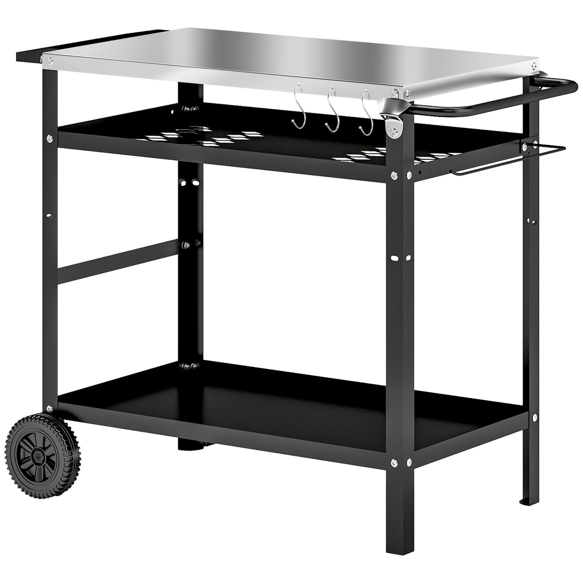 Photo of Outsunny BBQ Trolley with Stainless Steel Top Adjustable Shelf, Outdoor Kitchen Barbecue Station with Hooks Seasoning Tray Towel Rack, Pizza Oven Table Movable Grill Dining Cart with Cover, Black in Black colour on a white background