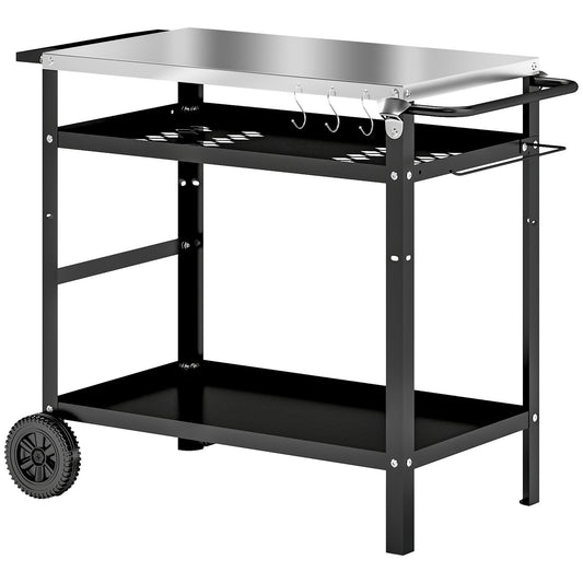 Photo of Outsunny BBQ Trolley with Stainless Steel Top Adjustable Shelf, Outdoor Kitchen Barbecue Station with Hooks Seasoning Tray Towel Rack, Pizza Oven Table Movable Grill Dining Cart with Cover, Black in Black colour on a white background