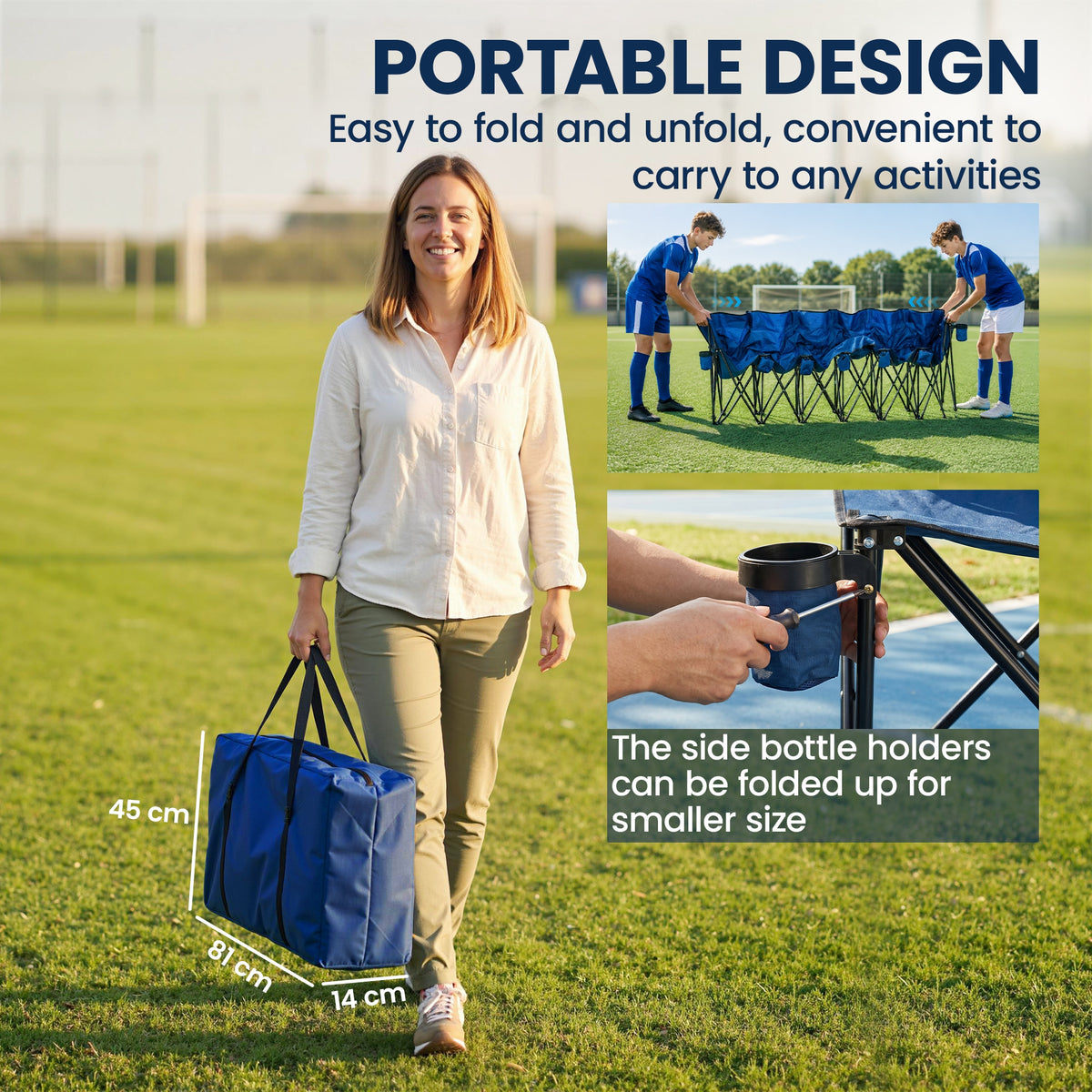 Blue folding camping chair packed in its carry bag with handles; side cup holder folds flat