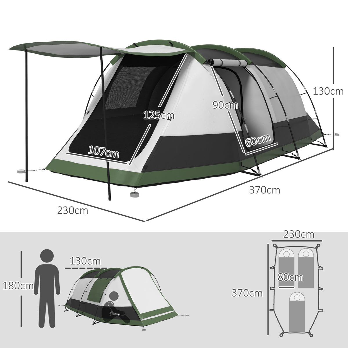 Outsunny 2 Man Camping Tent, with Two Rooms and Porch - Green