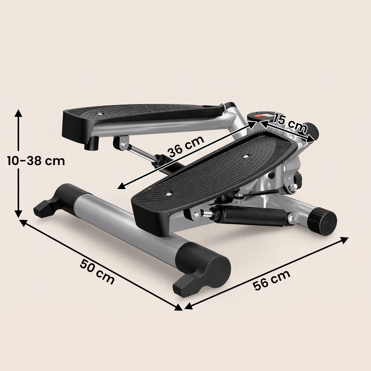 HOMCOM mini stepper with black foot pedals and silver frame, shown with dimensions