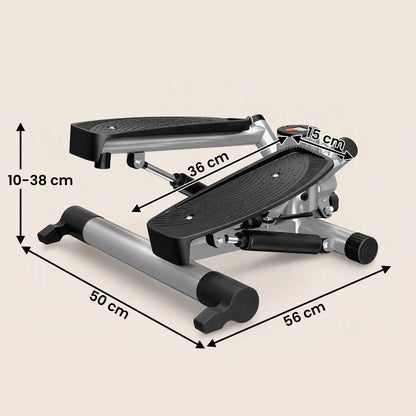 HOMCOM mini stepper with black foot pedals and silver frame, shown with dimensions