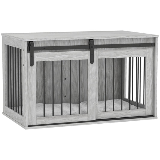 Photo of PawHut 98cm Dog Crate Furniture with Removable Cushion for Large Dogs - Grey in Grey colour on a white background