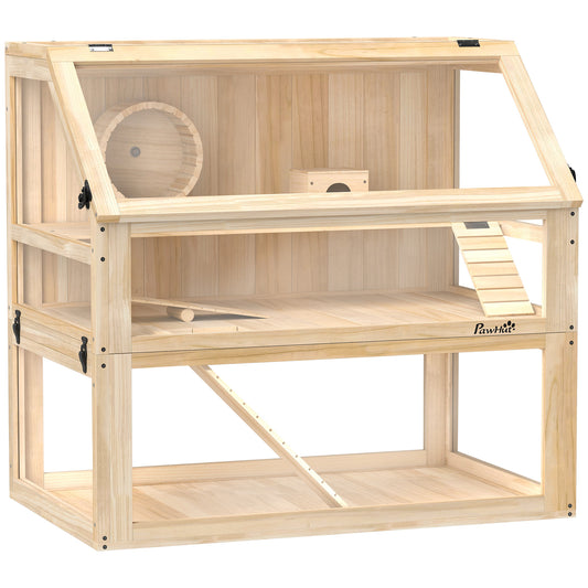 Photo of PawHut Wooden Hamster Cage with Detachable 31cm Deep Bottom, Hut, Seesaw, Exercise Wheel, Ramp, 80 x 50 x 76cm, Natural in Natural colour on a white background
